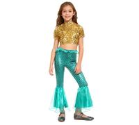 Rswnyirn Enfant Fille Costume Sirène Haut Court Brillant Pantalon Volants Ensemble Roi des Mers Cosplay Carnaval 5-16 Ans B Vert menthe doré 15-16 ans