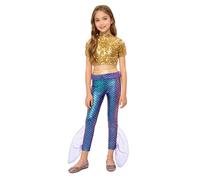 Rswnyirn Enfant Fille Costume Sirène Haut Court Brillant Pantalon Volants Ensemble Roi des Mers Cosplay Carnaval 5-16 Ans A Or Violet 15-16 ans