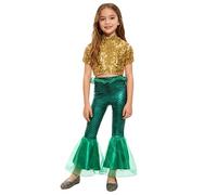 Rswnyirn Enfant Fille Costume Sirène Haut Court Brillant Pantalon Volants Ensemble Roi des Mers Cosplay Carnaval 5-16 Ans B Or Vert 5-6 ans