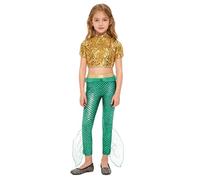 Rswnyirn Enfant Fille Costume Sirène Haut Court Brillant Pantalon Volants Ensemble Roi des Mers Cosplay Carnaval 5-16 Ans A Or Vert 7-8 ans