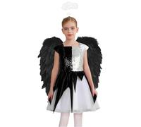Rswnyirn Ensemble Ange Démon Fille Enfant 3 Pièces Robe à Paillettes avec Bandeau et Ailes Tenue Carnaval Soirée Thème Noir 7-8 ans