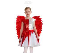 Rswnyirn Ensemble Ange Démon Fille Enfant 3 Pièces Robe à Paillettes avec Bandeau et Ailes Tenue Carnaval Soirée Thème Rouge 13-14 ans