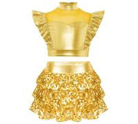 Rswnyirn Ensemble Danse Latine Jazz Fille Robe de Ballet Tutu Jupe Paillettes et Haut Court de Danse Classique Compétition 5-16 Ans Or 7-8 ans