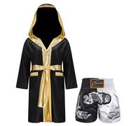 Rswnyirn Ensemble de Boxe Enfant Garçon Peignoir Boxe Shorts Muay Thai Combat Shorts Arts Martiaux Boxer Kickboxing Entraînement 5-16 Ans Noir blanc 15-16 ans