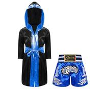 Rswnyirn Ensemble de Boxe Enfant Garçon Peignoir Boxe Shorts Muay Thai Combat Shorts Arts Martiaux Boxer Kickboxing Entraînement 5-16 Ans Bleu 11-12 ans