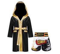 Rswnyirn Ensemble de Boxe Enfant Garçon Peignoir Boxe Shorts Muay Thai Combat Shorts Arts Martiaux Boxer Kickboxing Entraînement 5-16 Ans Blanc noir 7-8 ans