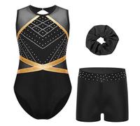 Rswnyirn Ensemble Justaucorps Gymnastique Fille Sans Manches avec Chouchou et Short Danse Patinage Artistique 5-16 Ans Noir 15-16 ans