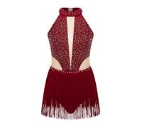 Rswnyirn Strass Robe Danse Latine Enfant Fille Franges Justaucorps Gymnastique Robe Patinage Artistique Performance 5-16 Ans Bourgogne 7-8 ans
