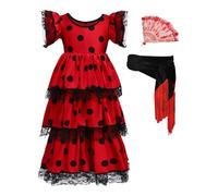 Rswnyirn Tenue Traditionnelle Espagnole Enfant Fille Robe Danse Flamenco Manches Volantes avec Éventail et Ceinture Carnaval Rouge 3-4 Ans