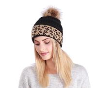 rtdgcv Bonnet pour Femme - Pompon en Fourrure - Grosse Maille - Motif Tressé et Léopard - Faux Pompons Doublés - Ourlets Roulés - Noir