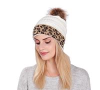 rtdgcv Bonnet pour femme - Pompon en fourrure - Pour bonnets - Grosse maille - Motif tressé - Faux pompons doublés - Ourlets roulés - Motif léopard - Bonnet pour femme - Motif léopard, Blanc., taille