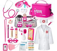 Rteonline Malette Docteur Enfant, Jouet en Bois Jeux avec Stéthoscope, Thermomètre, Seringue, Sac De Médecin Et Déguisement Docteur