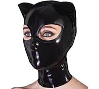 RTHANO Capuche en latex noir avec oreilles de chat, fermeture éclair à l'arrière, yeux ouverts et masque en caoutchouc, costume de club de cosplay (taille XXL)