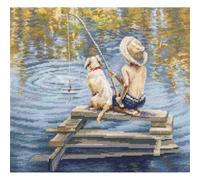 RTO Lac Fishing M998 Kit de broderie au point de croix compté Motif scène de garçon et de chien, fils DMC avec tissu Aida Zweigart