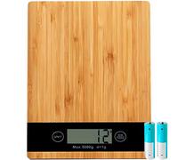 Rtoo Balance de cuisine numérique en bambou Écran LCD Jusqu'à 5 kg Avec capteur tactile Batteries incluses Fonction tare 23 x 16,1 x 2,2 cm Haute précision