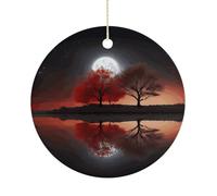 RTSEBVN Cercle de Noël personnalisé arbre rouge lac lune impression ornement de Noël artisanat en céramique décorations à suspendre pour décoration de vacances, taille unique, céramique, céramique