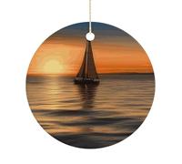 RTSEBVN Cercle de Noël personnalisé coucher de soleil plage voilier impression ornement de Noël artisanat en céramique décorations suspendues pour décoration de vacances, taille unique, céramique