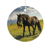 RTSEBVN Cercle de Noël personnalisé pâturage chevaux sauvages impression décoration de Noël artisanat en céramique décorations à suspendre pour décoration de vacances, taille unique, céramique