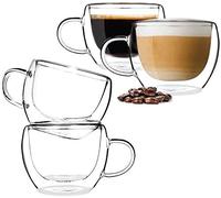 RTWAY Lot de 4 tasses à expresso à double paroi isotherme, 150 ml avec poignée, tasses à café transparent, tasses à café latte