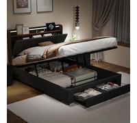 RTYUSWL Lit capitonné 140 x 190 cm, lit double avec USB et éclairage LED, tête de lit et 2 tiroirs, 140 x 190 cm, avec sommier à lattes, lit de rangement hydraulique, pour adultes et adolescents