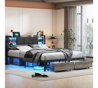 RTYUSWL Lit en métal 140x200 avec tiroirs, Cadre de lit LED avec tête de lit et USB, Lit en fer à plateforme LED avec 2 tiroirs de rangement, Lit avec rangement 160x200 et tête de lit, Lit capitonné
