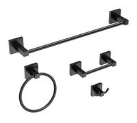 Ruacq Lot de 4 Accessoires de Salle de Bain carrés Noirs Mats en Acier Inoxydable et Alliage de Zinc Moderne à Fixation Murale, Barre Porte-Serviette de 45,7 cm, Support de Papier Toilette, Anneau de