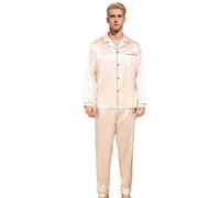 RuanMM - Ensemble de pyjama en satin pour homme, haut à manches longues et pantalon long, ensemble de pyjama soyeux, Rose pur, XL