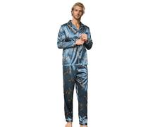 RuanMM Ensemble de pyjama pour homme en satin soyeux, haut à manches longues et pantalon long, vêtements de nuit soyeux pour homme, Motif papillons Bleu, XXL