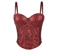 Ruarby Bustier court luxueux à paillettes scintillantes en maille transparente avec bretelles réglables pour soirée événement corset gilet à paillettes bustier court tube top, rouge vin, P