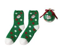 Ruarby Chaussettes chaudes en polaire corail sur le thème de Noël avec boules décoratives pour fête de famille, motif Père Noël, chaussons d'intérieur pelucheux pour femme, Père Noël C vert courbé