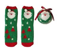 Ruarby Chaussettes chaudes en polaire corail sur le thème de Noël avec boules décoratives pour fête de famille, motif Père Noël, chaussons d'intérieur pelucheux pour femme, Père Noël vert., Taille