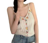 Ruarby Débardeur sans manches avec broderie florale pour femme - Col en V - Bretelles fines - Camisole tricotée - Bretelles fines - Col en V, blanc, taille unique