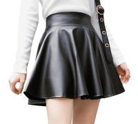 Ruarby Jupe patineuse plissée en similicuir PU de couleur unie pour femme - Style décontracté - Taille haute élastique - Simple et élégante, Noir , S