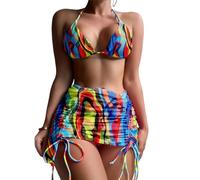 Ruarby Maillot de bain 3 pièces pour femme avec imprimé triangle dos nu et jupe portefeuille avec haut dos nu et slip pour vacances à la plage