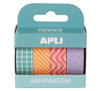 Apli 19839 - Rubans adhésifs décoratifs - Papier type WASHI TAPE - Motifs minimalistes et couleurs pastel - 4 rouleaux - Rubans de 15 mm x 10 m.