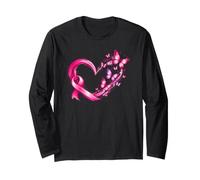 Ruban-Courage-Cœur Papillons Fuchsia Cancer du Sein Octobre Manche Longue