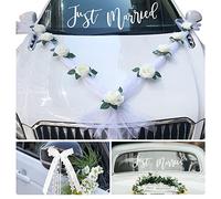 Ruban de Décoration Tulle Voiture Mariage avec Simulation Rose Blanche Fleurs artificielles + 6pcs Nœuds Blancs avec Mini Cœurs Decorative +Autocollant de Voiture Fenêtre Sticker Décoration Nuptiales