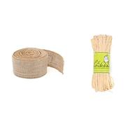 Ruban de Jute Naturel 6cm x 10m BJ106N & Raphia Teinte Naturelle, floche 50 GR, La Cordeline JN50