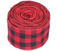 Ruban de Noël à Bord Filaire à Carreaux Ruban Artisanal Décoratif Durable pour Emballage de Cadeaux de Vacances et Décoration d'Intérieur Tissu en Lin Fil de Fer 500x5cm 1 Rouleau (Noir Rouge)