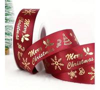 Ruban de Noël Nouvel An 2,5 cm*25 yards (22,75 m), Bourgogne, Ruban de satin de polyester dense vert foncé, Motif de flocon de neige, sapin de Noël, renne, parfait pour la décoration de sapin de Noël 