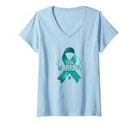 Ruban de Sensibilisation aux survivants Teal Warrior T-Shirt avec Col en V, Femme, Bleu Céleste, XL
