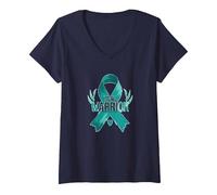 Ruban de Sensibilisation aux survivants Teal Warrior T-Shirt avec Col en V, Femme, Bleu Marine, S