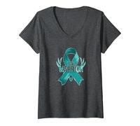 Ruban de Sensibilisation aux survivants Teal Warrior T-Shirt avec Col en V, Femme, Chiné Foncé, S