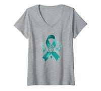 Ruban de Sensibilisation aux survivants Teal Warrior T-Shirt avec Col en V, Femme, Gris Chiné, L