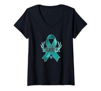 Ruban de Sensibilisation aux survivants Teal Warrior T-Shirt avec Col en V, Femme, Noir, M