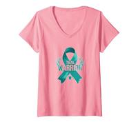 Ruban de Sensibilisation aux survivants Teal Warrior T-Shirt avec Col en V, Femme, Rose, XL