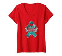 Ruban de Sensibilisation aux survivants Teal Warrior T-Shirt avec Col en V, Femme, Rouge, L