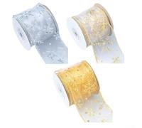 Ruban décoratif transparent bronzant avec bord en soie de lin et feuille d'aluminium estampée à chaud pour une utilisation dans les travaux manuels et l'emballage (beige)