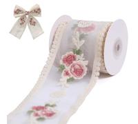 Ruban Dentelle Brodée Rose Vintage - Galon Couture Largeur 8cm Longueur 4,2m - Dentelle au Mètre pour Décoration Mariage, Vêtements, Nappe et Loisirs Créatifs - Tissu Floral Rétro