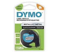 Ruban d'Etiquettes Autocollantes Multi-usages Dymo LetraTag, 12 mm, Cassette de 4 m, Impression en Noir sur Métallique Argenté (1743603)